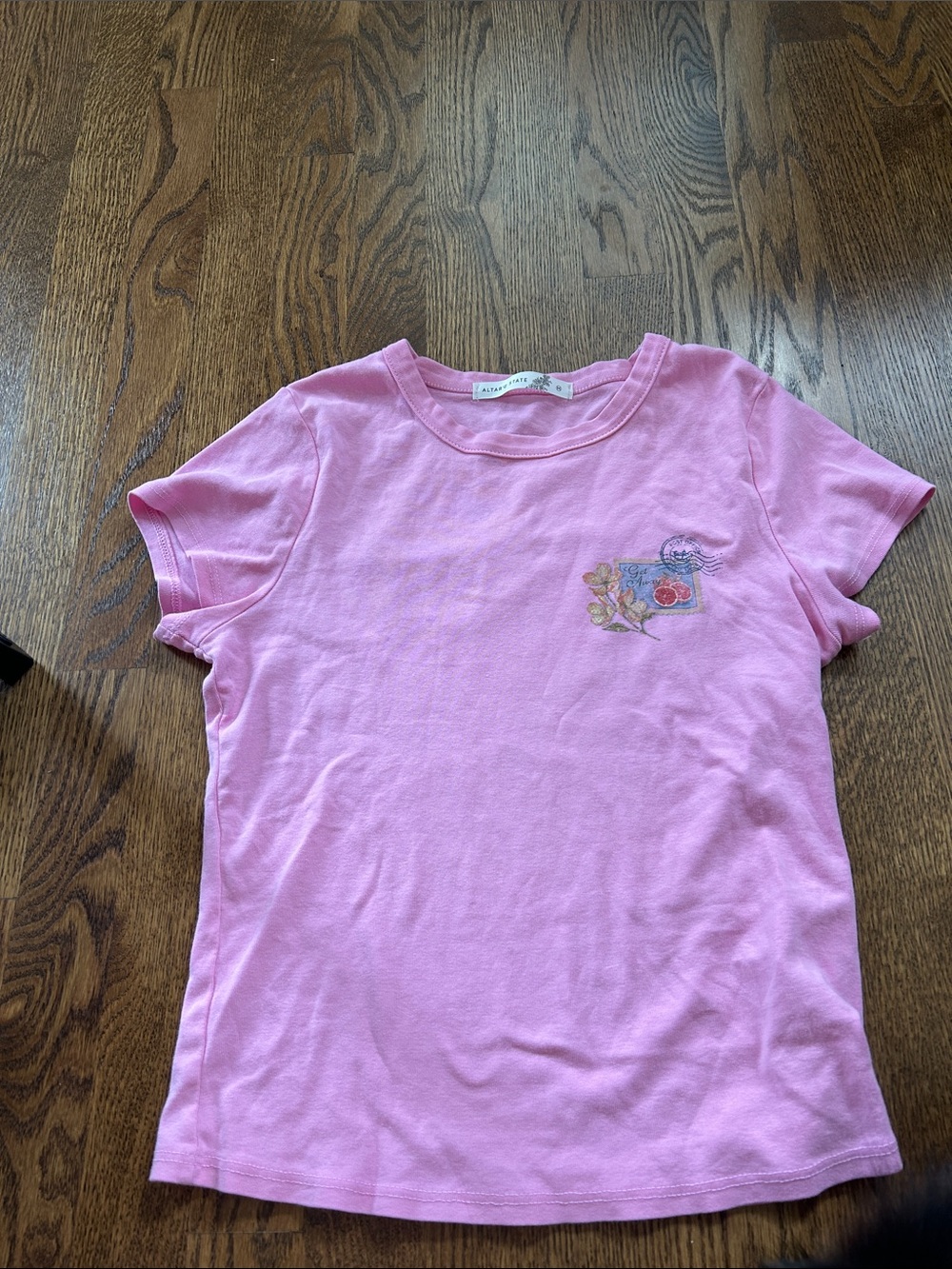 Altar'd State Pink Short Sleeve Tee with Small Floral Patch